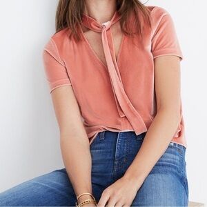 MADEWELL Light Pink Short Sleeve Velvet Tie-Neck Top Size Small